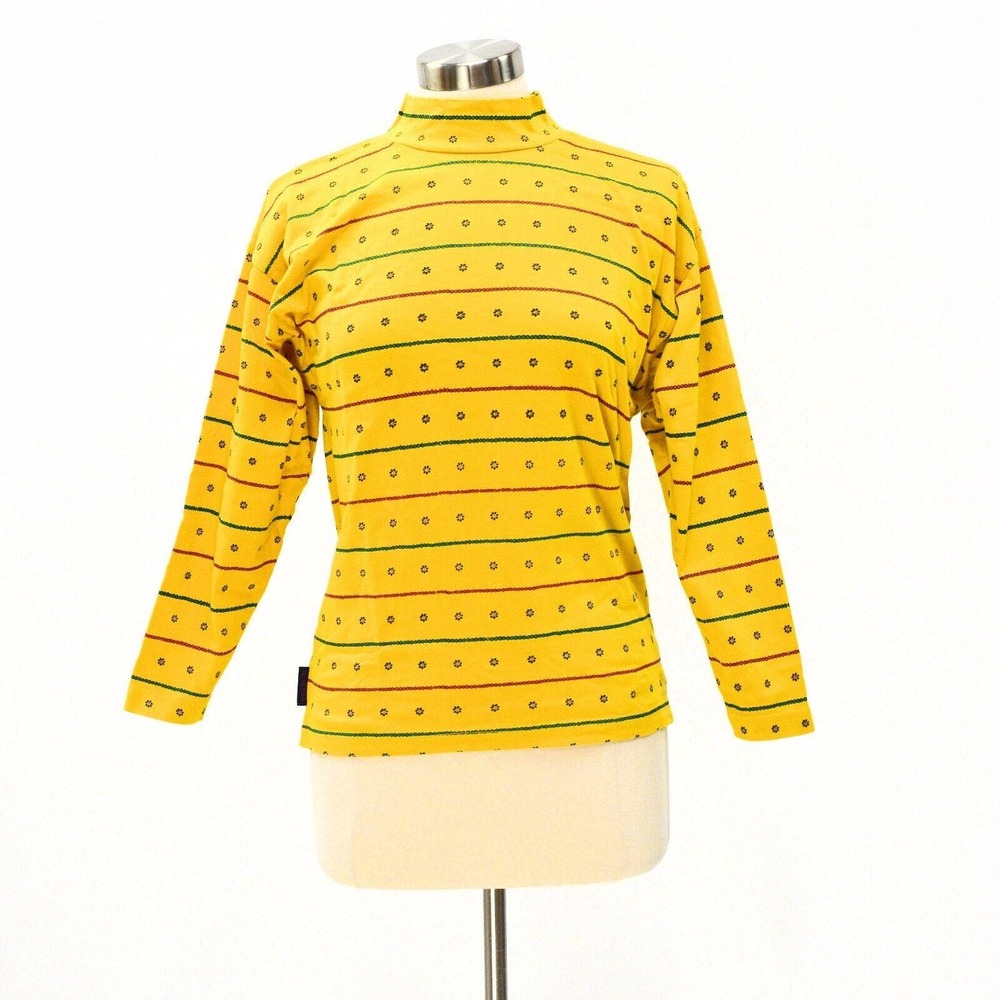 90s Vintage Generra Giovinezza Mock Neck Elbow Patch Top Yellow Floral Womens S
